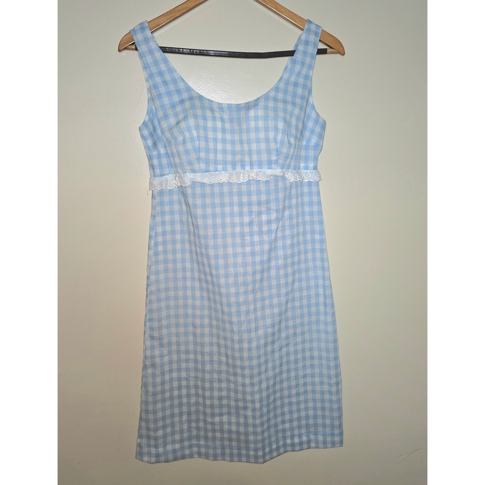 Vtg 60s Gingham Empire Waist Shift Dress Blue White Eyelet Lace Trim Size 9/10